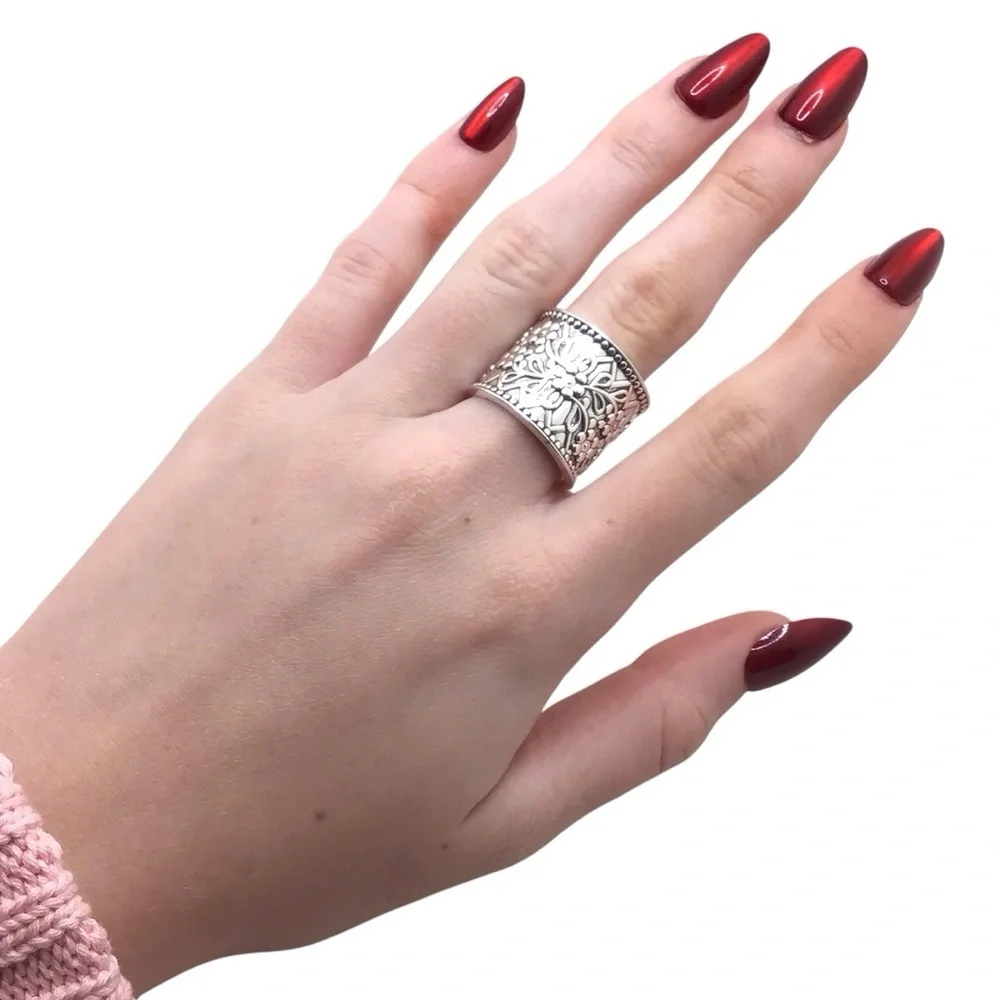 Silver- Tone Floral Wide Band Thumb Ring Adjustable Boho Vintage Style Statement - Picture 9 of 11